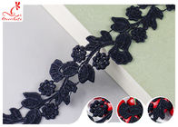 Black Floral Embroidery Edging Lace Trim Via Water Soluble With High Color Fastness Dye