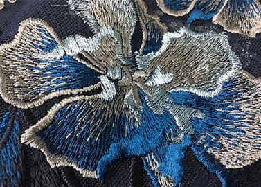 Bule Floral Embroidered Polyester Net Lace Fabric For Wedding Gown Dresses