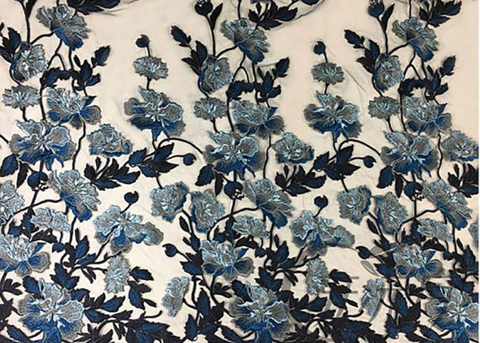 Bule Floral Embroidered Polyester Net Lace Fabric For Wedding Gown Dresses