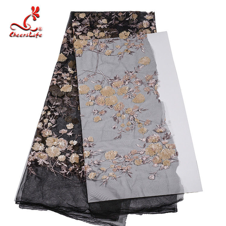 Wholesale African French Black Flower Sequin Lace Fabric For Wedding Garment